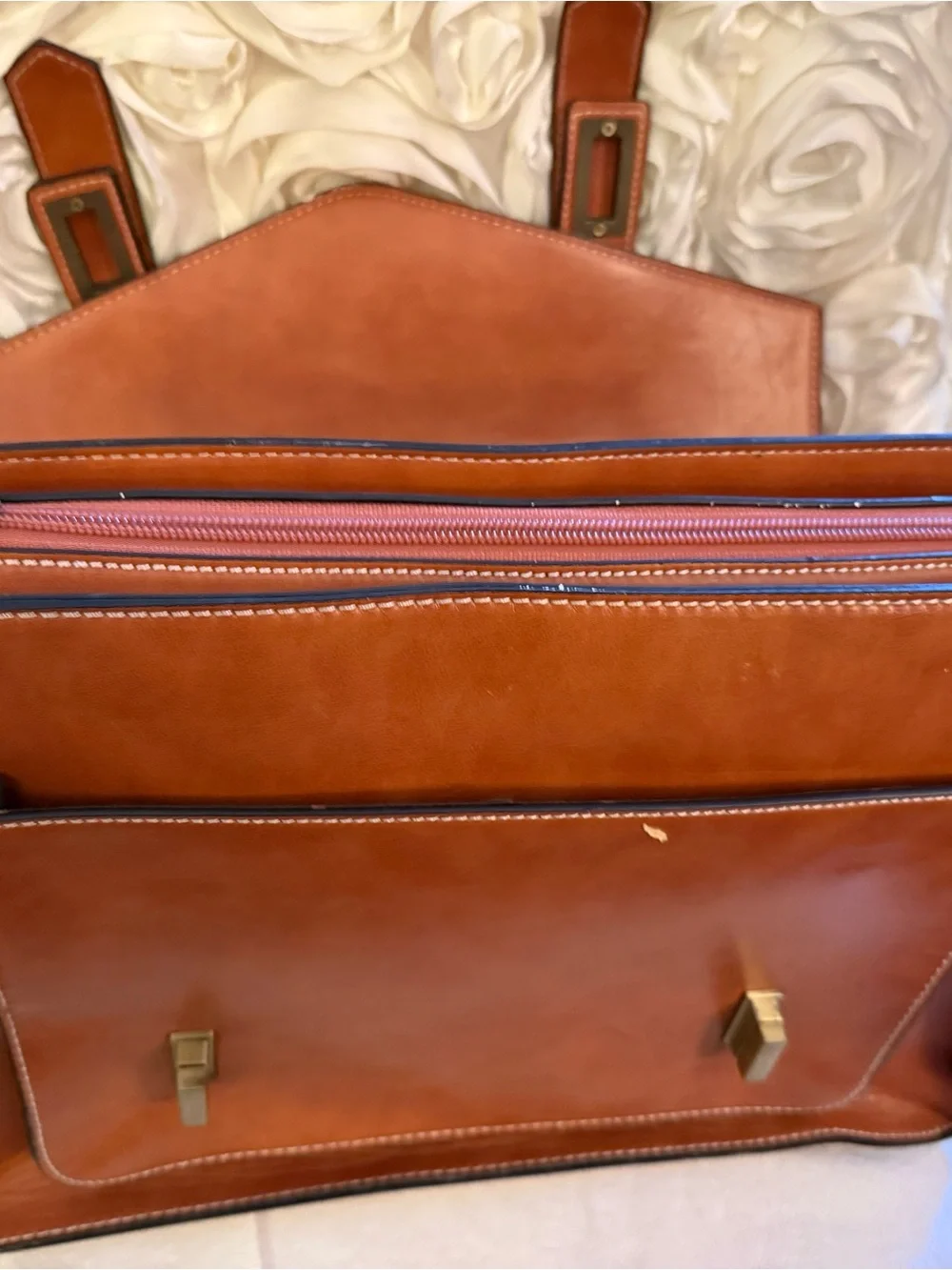 Large Men's Tan Leather Messenger Bag with Decorative Laser-Cut Front 12x15x5